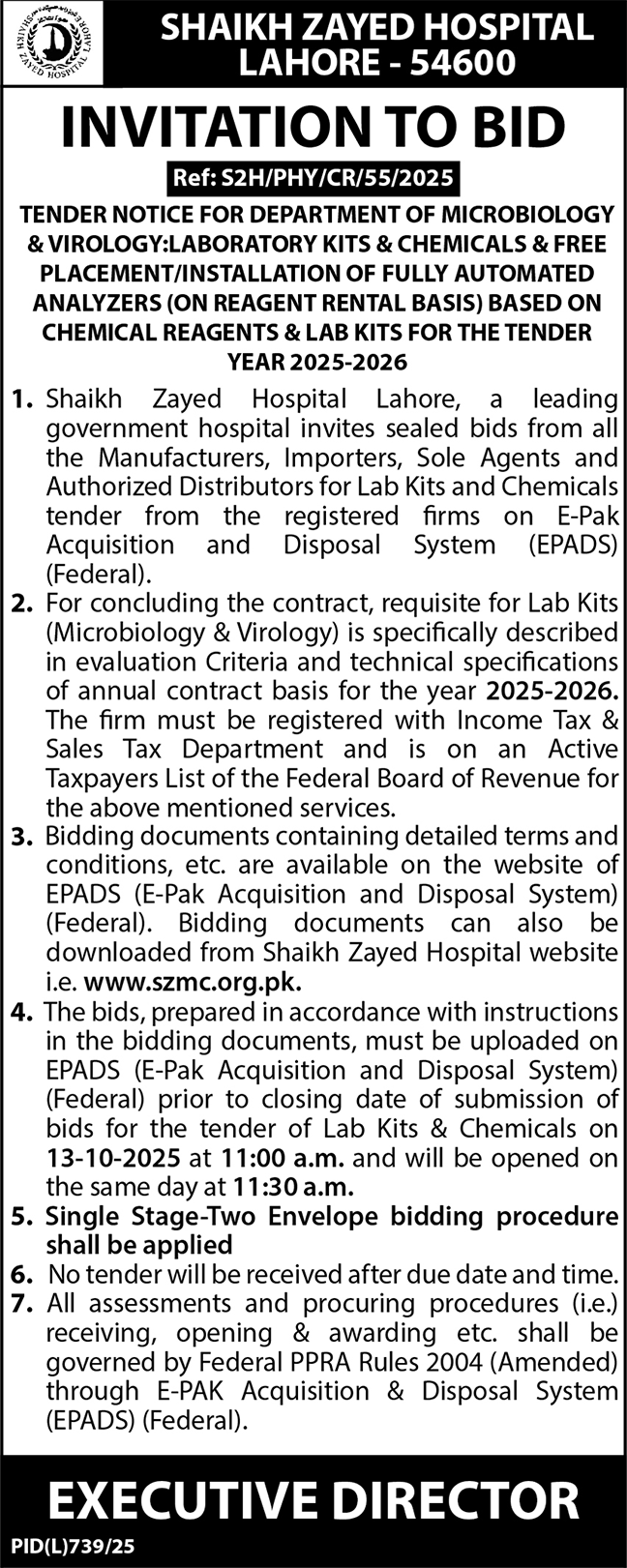 Shaikh Zayed Hospital Lahore Tender Notice